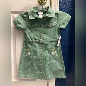 Little Lass Sage Green Button-Front Daisy Pocket Dress